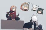  +_+ 3girls all_fours animal_ears aristol arknights black_coat black_hair black_pants black_shorts chibi chibi_inset coat commentary_request crying fur-trimmed_coat fur-trimmed_hood fur_trim grey_background grey_eyes grey_hair highres hood hooded_coat hooded_jacket jacket kneeling knees_apart_feet_together korean_commentary korean_text lappland_(arknights) looking_at_another looking_down lying mask_around_neck multicolored_hair multiple_girls on_back pants pouch projekt_red_(arknights) red_coat red_hair red_jacket shorts silver_hair simple_background sitting spread_legs straddling tail texas_(arknights) translation_request two-tone_hair white_hair white_jacket wolf_ears wolf_girl wolf_tail yellow_eyes yuri |_| 