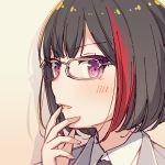  1girl ayasaka bang_dream! bespectacled black_hair blazer commentary_request glasses grey_jacket hand_to_own_mouth haneoka_school_uniform jacket mitake_ran multicolored_hair open_mouth portrait purple_eyes red_hair school_uniform silver-framed_eyewear solo streaked_hair 