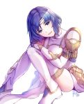  1girl armor bangs blue_eyes blue_hair catria_(fire_emblem) dress elbow_gloves eyebrows_visible_through_hair fire_emblem fire_emblem_echoes:_shadows_of_valentia fire_emblem_heroes gloves head_tilt headband highres knees_together_feet_apart looking_at_viewer open_mouth parted_bangs pelvic_curtain shoes short_hair shoulder_armor signature simple_background sitting smile solo thighhighs thighs turtleneck vambraces white_background white_dress white_footwear white_gloves white_legwear yukimiyuki 