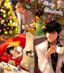  1girl 2boys a106 a107 apron atom:_the_beginning big_nose black_eyes black_hair blanket brown_hair cat chair christmas_tree closed_eyes coffee couch cup f14 formal gift glasses hat highres indoors iyo_(kurumiwarin) merry_christmas mug multiple_boys ochanomizu_hiroshi ochanomizu_ran on_couch ornament pillow plant pliers potted_plant screwdriver shelf short_hair sleeping standing star suit tenma_umatarou 