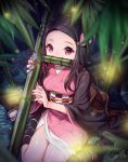  1girl bamboo bangs bit_gag black_hair black_legwear blurry blurry_foreground breasts brown_footwear brown_hair checkered commentary_request depth_of_field fingernails fireflies forehead gag hair_ribbon highres holding japanese_clothes kamado_nezuko kimetsu_no_yaiba kimono konbu_(hida123) long_fingernails long_hair long_sleeves looking_at_viewer mouth_hold multicolored_hair night obi on_ground open_clothes outdoors parted_bangs pink_kimono pink_ribbon red_eyes red_nails ribbon sash sharp_fingernails signature sitting small_breasts solo two-tone_hair very_long_hair wariza wide_sleeves zouri 
