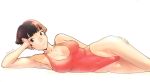 1girl bob_cut breasts brown_eyes brown_hair closed_mouth gake_no_ue_no_ponyo groin highleg highres lisa_(ponyo) looking_at_viewer lying short_hair simple_background solo swimsuit tombiiwa white_background 