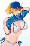  1girl 41_(taskmaster41) absurdres ahoge artoria_pendragon_(all) bangs baseball_cap bikini blonde_hair blue_eyes blue_headwear blue_jacket blush breasts checkered checkered_background cleavage cropped_jacket fate/grand_order fate_(series) gradient gradient_background hair_between_eyes hair_through_headwear hat highres jacket large_breasts long_hair looking_at_viewer mysterious_heroine_xx_(foreigner) navel ponytail shrug_(clothing) side-tie_bikini sidelocks smile solo swimsuit white_bikini zipper_pull_tab 