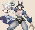  2020 5_fingers aircraft anthro black_nose blue_body blue_eyes blue_fur breasts canid canine canis clothing domestic_dog female fingers fur hat headgear headwear hi_res hideki_kaneda holding_object holding_weapon looking_at_viewer mammal portrait sukhoi sukhoi_(hideki_kaneda) sukhoi_su-30 three-quarter_portrait weapon white_body white_fur 