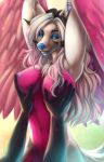  2020 5_fingers anthro areola blonde_hair blue_eyes breasts canid canine digital_media_(artwork) eyebrows eyelashes female fingers hair hi_res mammal nipples nude sunnyowi 