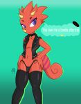  absurd_res animal_crossing anthro chameleon clothing english_text flick_(animal_crossing) girly hi_res horn legwear lizard looking_at_viewer lost_lynx male nintendo reptile scalie solo text thick_thighs thong topwear underwear vest video_games wide_hips 