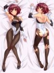  1girl azur_lane back black_footwear blush breasts brown_hair brown_legwear cleavage_cutout cosplay dakimakura elbow_gloves eyebrows_visible_through_hair fingerless_gloves full_body gloves gradient_hair highres kantai_collection leotard looking_at_viewer looking_back lying multicolored_hair mutsuki_(kantai_collection) on_back pantyhose race_queen red_hair shoes short_hair small_breasts solo takao_(azur_lane) takao_(azur_lane)_(cosplay) tarou_(user_tpmh7442) torn_clothes torn_legwear 