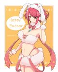  1girl animal_ears bangs bow breasts bunny_ears cleavage cowboy_shot cross-laced_clothes dated detached_collar easter english_text fake_animal_ears fur_trim highres homura_(xenoblade_2) large_breasts midriff miniskirt mochimochi_(xseynao) navel red_hair skirt solo swept_bangs wrist_cuffs xenoblade_(series) xenoblade_2 