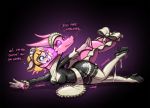  2018 alice_mysz anthro assimilation blonde_hair blue_eyes breasts buckteeth camel_toe charlotte_(redflare500) clothing dialogue dragon duo female grey_body hair living_clothing maid_uniform mammal mind_control mouse murid murine open_mouth pink_body redflare500 ribbons rodent rubber shocked simple_background spiral_eyes teeth tight_clothing transformation uniform 