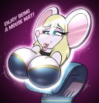  2019 alice_mysz anthro blonde_hair blue_eyes breasts choker dialogue female flattened hair hi_res inanimate_transformation jewelry mammal mouse mouse_mat murid murine necklace pink_nose redflare500 rodent smile solo transformation 