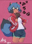  2020 5_fingers anthro black_body black_fur black_hair blue_body blue_eyes blue_fur blue_hair brand_new_animal brown_body brown_fur canid canine clothed clothing female fingers fluffy fluffy_tail fur hair hand_on_hip hi_res jacket looking_at_viewer mammal michiru_kagemori multicolored_body multicolored_eyes multicolored_fur multicolored_hair pink_eyes portrait raccoon_dog short_hair smile solo studio_trigger tanuki three-quarter_portrait topwear 