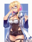  1girl absurdres arms_up azur_lane belt black-framed_eyewear black_belt blonde_hair blue_background blue_eyes blush breast_tattoo breasts brown_shorts cleavage coat eyebrows_visible_through_hair glasses gyaru hair_between_eyes hair_ornament hairclip highres kogal large_breasts looking_at_viewer marblehead_(azur_lane) multicolored_hair navel pink_hair see-through semi-rimless_eyewear short_hair_with_long_locks short_shorts shorts smile solo standing symbol-shaped_pupils symbol_in_eye takkikun tattoo thighhighs thighs tongue tongue_out two-tone_background two-tone_coat two-tone_hair under-rim_eyewear white_background wide_sleeves 