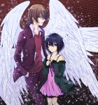  1boy 1girl absurdres angel_wings bangs black_hair bob_cut brown_background brown_eyes brown_hair coat commentary_request dress dress_shirt expressionless formal green_coat hair_between_eyes hand_in_pocket hands_on_own_chest height_difference highres jacket kakine_teitoku knees_together looking_at_viewer medium_hair off_shoulder open_clothes open_coat open_shirt pants pink_dress purple_eyes purple_suit red_sweater riku_(sbbt6204) shirt short_hair sleeveless sleeveless_dress spaghetti_strap sparkle suit sundress sweater to_aru_kagaku_no_dark_matter to_aru_majutsu_no_index white_shirt white_wings wings yuzuriha_ringo 