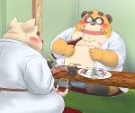  104_toshichan 2020 anthro belly blush brown_body brown_fur bulge canid canine clothing detailed_background duo eyewear food fur glasses humanoid_hands kemono male mammal moobs nipples overweight overweight_male raccoon_dog robe tanuki underwear 