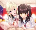  2girls black_hair blonde_hair blue_eyes blush breasts jirou_(chekoro) long_hair nipples original school_uniform see_through shirt_lift twintails yellow_eyes 