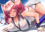  1girl azur_lane bangs bare_shoulders blue_sky blush bottle breasts bremerton_(azur_lane) bremerton_(scorching-hot_training)_(azur_lane) cleavage collarbone hair_ornament jewelry k.k_(pixiv) large_breasts long_hair looking_at_viewer necklace one_eye_closed open_mouth pink_eyes pink_hair sky solo sportswear tennis_uniform thighs twintails two-tone_shirt two-tone_skirt water water_bottle wet wet_clothes wristband 