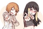  2girls aran_sweater bangs bare_shoulders black_hair black_shirt blonde_hair blunt_bangs blush bob_cut bridal_gauntlets brown_eyes brown_hair commentary crop_top dancing embarrassed full-face_blush furrowed_eyebrows grey_shirt heart i.u.y index_finger_raised kinuhata_saiai koi_dance kuroyoru_umidori lace-up long_hair looking_at_viewer midriff multicolored_hair multiple_girls navel one_eye_closed open_mouth outstretched_arm parted_bangs parted_lips shirt short_hair sidelocks sleeveless smile sweater to_aru_majutsu_no_index two-tone_hair upper_body white_background 