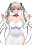  1girl azur_lane bangs blush breasts cleavage covered_navel dress formidable_(azur_lane) greem_bang grey_hair highres large_breasts long_hair looking_at_viewer red_eyes simple_background smile solo twintails very_long_hair white_background white_dress 