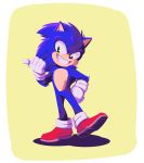  2019 anthro blue_body blue_fur border clothing eulipotyphlan footwear fur gesture gloves green_eyes grin hand_on_hip handwear hedgehog hi_res male mammal shoes simple_background smile solo sonic_the_hedgehog sonic_the_hedgehog_(film) sonic_the_hedgehog_(series) squigglydigg standing white_border yellow_background 