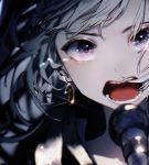  1girl blurry blurry_background close-up commentary earrings flower_(vocaloid) highres jewelry karanagare_4 looking_at_viewer microphone music open_mouth portrait purple_eyes singing solo tears vocaloid white_hair 