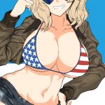  1girl american_flag_bikini_top blonde_hair blue_background breasts cleavage contrapposto cutoff_jeans cutoffs dutch_angle girls_und_panzer groin hand_on_hip head_out_of_frame kay_(girls_und_panzer) large_breasts long_hair navel nokogiriotoko smile solo white_background 