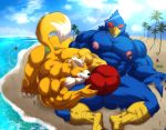  2020 anthro avian bastroceive beach bird bulge bulge_grab canid canine clothing crepuscular_rays duo falco_lombardi fox fox_mccloud hi_res macro male male/male mammal muscular muscular_male nintendo palm_trees sand sea seaside speedo star_fox swimwear video_games water 