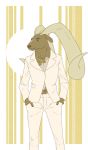  9x9 anthro bovid brown_body brown_fur caprine clothing ear_piercing fur goat green_eyes hi_res jewelry male mammal navel necklace piercing pink_clothing pose ring solo solo_focus suit 