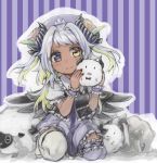  1girl amaryllis_gumi black_eyes black_wings blush closed_mouth curled_horns dark_skin dress full_body giren heterochromia highres holding_creature long_hair mismatched_legwear purple_dress sheep sitting smile solo striped striped_background thighhighs virtual_youtuber white_hair wings wooloo yellow_eyes yotsutsuji_mayoi zettai_ryouiki 