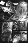 anthro breasts clothed clothing comic comictf delivery_(commerce) delivery_employee detailed_background dialogue duo female fur gargoyle hair hi_res human male mammal monochrome nipples nude speech_bubble 