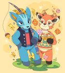  2020 animal_crossing anthro beau_(animal_crossing) black_body black_clothing black_fur black_nose black_topwear blue_body blue_fur book bottomless bruce_(animal_crossing) candy cervid clothed clothing duo fangs featureless_crotch fishing_rod flower food fur grass half-closed_eyes hooves horn lightning_bolt lollipop male mammal narrowed_eyes nintendo open_mouth orange_body orange_fur plant red_clothing red_topwear rokuyon simple_background smile striped_body striped_fur stripes tan_background tan_clothing tan_topwear topwear vest video_games 