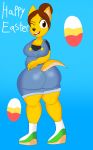  2020 anthro big_butt breasts brown_hair butt canid canine canis clothing domestic_dog easter easter_egg english_text footwear freckles fur hair hair_bun hi_res holidays legwear lydia_(yaikon) mammal one_eye_closed open_mouth overalls pose shoes smile socks teeth text thick_thighs tongue walking wink yaikon yellow_body yellow_fur 