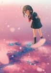  1girl ;) ahoge arms_behind_back black_hair black_serafuku black_skirt black_socks blue_eyes braid brown_footwear hair_ribbon kantai_collection kiuzu_(ko_kiu2) loafers looking_at_viewer neckerchief one_eye_closed pleated_skirt protected_link red_neckerchief red_ribbon ribbon school_uniform serafuku shigure_(kancolle) shoes single_braid skirt smile socks solo 