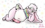  anthro bandeau belly chou_chou_(tekandprieda) clothing easter easter_egg floppy_ears freckles genitals girly holidays lagomorph leporid lounging male mammal nintendo penis pok&eacute;mon pok&eacute;mon_(species) rabbit rainbow shiny_pok&eacute;mon solo tekandprieda_(artist) thick_thighs topwear video_games wigglytuff 