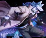  2020 5_fingers ambiguous_gender anthro avian belt black_body blue_body blue_eyes blue_fur bottomwear brand_new_animal canid canine canis clothed clothing coat collar fingers fluffy fluffy_tail fur gloves hair handwear hi_res ivan-jhang male mammal pants shirou_ogami studio_trigger topwear white_body white_fur wolf 