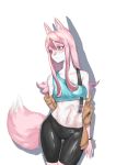 2020 5_fingers absurd_res anthro baggy_clothing black_nose bracelet brand_new_animal breasts canid canine clothed clothing female fingers fluffy fluffy_tail fox fur hair hi_res jewelry long_hair mammal multicolored_body multicolored_fur navel nazuna_hiwatashi pink_body pink_eyes pink_fur pink_hair shadow simple_background solo studio_trigger translucent translucent_hair white_background white_body white_fur 