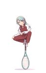 &gt;:) 1girl aqua_hair ayasaka balancing bang_dream! clenched_hands commentary_request highres hikawa_sayo jacket long_hair long_sleeves pants racket raglan_sleeves red_pants red_track_suit shoes simple_background solo tennis_racket track_jacket track_pants white_background white_footwear 