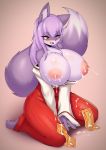  anthro big_breasts blush bodily_fluids breasts clothing female hi_res lactating nipples open_mouth solo tailzkim 
