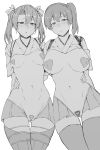  2girls absurdres bangs blush breasts eyebrows_visible_through_hair greyscale hair_ribbon heart_pasties highres kaga_(kantai_collection) kantai_collection large_breasts long_hair maebari meme_attire monochrome multiple_girls nikonikosiro open_mouth pasties pleated_skirt ponytail pubic_hair reverse_bunnysuit reverse_outfit ribbon side_ponytail simple_background skindentation skirt small_breasts tasuki thighhighs twintails white_background zuikaku_(kantai_collection) 