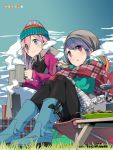  2girls afro beanie black_legwear blanket blue_eyes blue_hair blue_sky boots chair closed_mouth cloud coffee_pot cup folding_chair folding_table food grass hat highres holding holding_cup holding_food kagamihara_nadeshiko multiple_girls official_art outdoors parted_lips pink_hair plate portable_stove purple_eyes s&#039;more scarf shima_rin sidelocks sitting sky smile standing tent winter_clothes yurucamp 