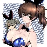  2girls animal_ears bare_shoulders black_eyes bow bowtie breast_envy breasts brown_hair bunny_ears bunnysuit cleavage commentary_request detached_sleeves eyebrows_visible_through_hair fake_animal_ears green_hair grey_hair hair_ribbon kaga_(kantai_collection) kantai_collection large_breasts looking_at_viewer multiple_girls nakahira_guy ribbon short_hair side_ponytail solo_focus twintails upper_body white_ribbon yellow_eyes zuikaku_(kantai_collection) 