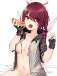  1girl :o apple_pie areola_slip areolae arknights bangs black_gloves breasts brown_eyes commentary exusiai_(arknights) eyebrows_visible_through_hair fingerless_gloves food gloves grey_jacket groin hair_over_one_eye halo hands_up highres holding holding_food jacket large_breasts looking_at_viewer navel open_clothes open_jacket open_mouth out-of-frame_censoring pie raglan_sleeves red_hair short_hair short_sleeves simple_background solo stomach upper_body white_background yatsucchie 