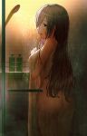  1girl absurdres ass black_hair blush breasts brick_wall brown_eyes covering cowboy_shot highres idolmaster idolmaster_shiny_colors indoors large_breasts nude_cover profile shirt shower_(place) shower_head showering soap_bottle solo standing suzuki_puramo tsukioka_kogane water wet wet_clothes wet_shirt 