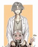  1boy 1girl blue_eyes brown_eyes dark_skin elisa_(girls_frontline) facial_hair facial_mark father_and_daughter girls_frontline glasses grey_hair hand_on_another&#039;s_shoulder highres jewelry labcoat looking_at_viewer lycoris_(girls_frontline) numazume ring short_hair smile stubble waving 
