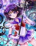  1girl abstract_background back_bow bishoujo_senshi_sailor_moon bow brooch brown_bow choker circlet closed_mouth cowboy_shot earrings elbow_gloves gears gloves holding holding_staff hoshikuzu_(milkyway792) jewelry looking_at_viewer magical_girl pleated_skirt purple_eyes purple_hair purple_neckwear purple_sailor_collar purple_skirt repost_notice sailor_collar sailor_saturn sailor_senshi_uniform short_hair signature skirt smile solo staff star star_choker tomoe_hotaru white_gloves 