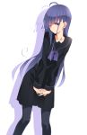  1girl absurdres ahoge black_serafuku highres kazami_nobuko long_sleeves one_eye_closed original oteruko_(wanabeee) pleated_skirt purple_eyes purple_hair school_uniform serafuku skirt solo thighhighs 