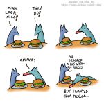  1:1 blue_body blue_fox_(foxes_in_love) blue_fur burger canid canine comic couple_(disambiguation) dialogue duo english_text feral food fox foxes_in_love fur green_body green_fox_(foxes_in_love) green_fur hi_res mammal plate text tongue tongue_out url 
