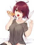  1girl :o apple_pie arknights bangs bare_shoulders black_gloves black_legwear bra_strap breasts brown_eyes commentary exusiai_(arknights) eyebrows_visible_through_hair fingerless_gloves food gloves grey_shirt hair_over_one_eye halo hands_up highres holding holding_food looking_at_viewer medium_breasts off-shoulder_shirt off_shoulder open_mouth pie red_hair shirt short_hair short_sleeves simple_background solo thighhighs upper_body white_background yatsucchie 