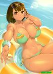  1girl 23_(real_xxiii) absurdres artist_name bad_proportions bangs bare_shoulders bikini breasts brown_eyes brown_hair cleavage collarbone dark_skin eyebrows_visible_through_hair eyewear_on_head frills green_bikini highres innertube large_breasts lips looking_at_viewer melonbooks navel outstretched_hand scan scrunchie shiny shiny_clothes shiny_hair shiny_skin short_hair solo stomach sunglasses swimsuit tan thighs water wrist_scrunchie 