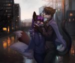  anthro black_body black_fur canid canine city clothed clothing domestic_cat duo eye_contact felid feline felis female fluffy fluffy_tail fox fur hair hand_holding hug kraven_foxy licking_hair looking_at_another male mammal orphen-sirius outside pink_hair raining sniper_mata 