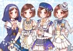  4girls :3 :o apron bang_dream! beret blue_background blue_skirt blush bow bowtie braid brown_eyes brown_hair chino_machiko commentary_request cup double-breasted dress frilled_apron frilled_hat frilled_shirt_collar frilled_skirt frills hair_ornament hands_clasped hands_together hat hazawa_tsugumi jacket lace long_sleeves multiple_girls multiple_persona nun own_hands_together puffy_short_sleeves puffy_sleeves see-through see-through_sleeves short_sleeves skirt sparkle starry_sky_print teacup teapot top_hat vest wrist_cuffs 